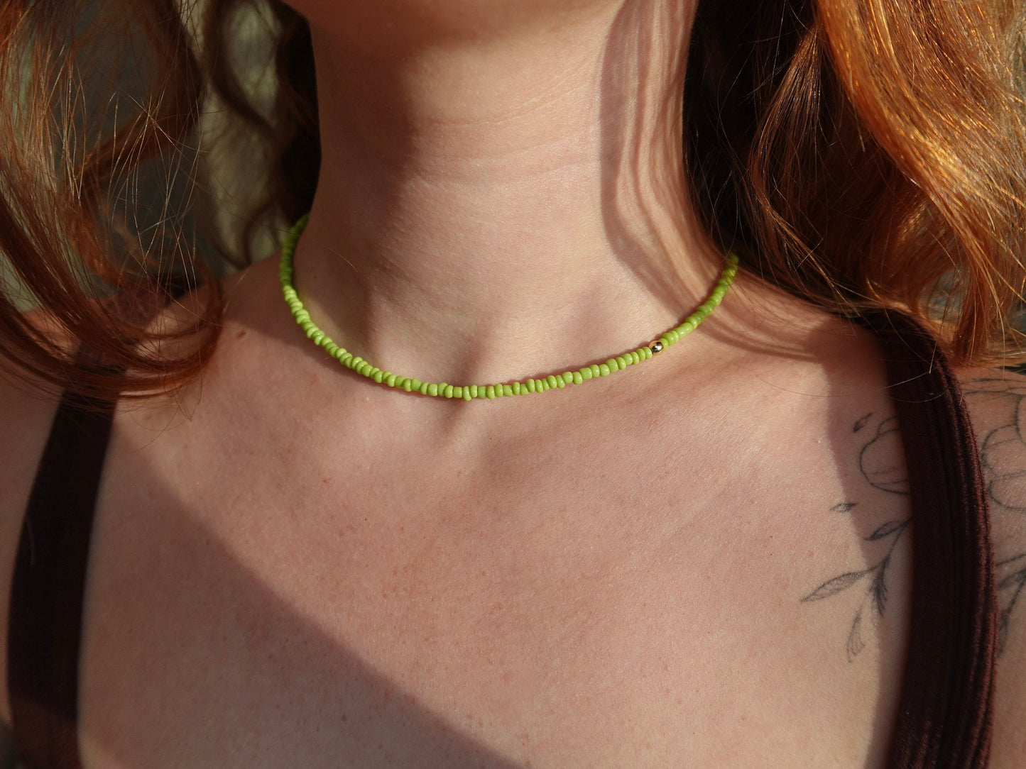 Matcha Green Beaded Necklace with 18k Gold Filled Accent Bead