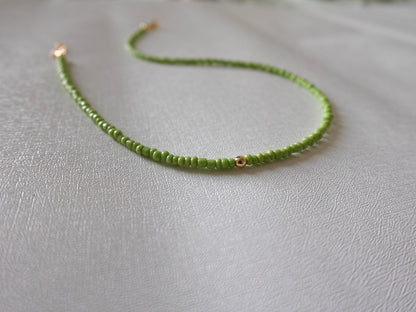 Matcha Green Beaded Necklace with 18k Gold Filled Accent Bead