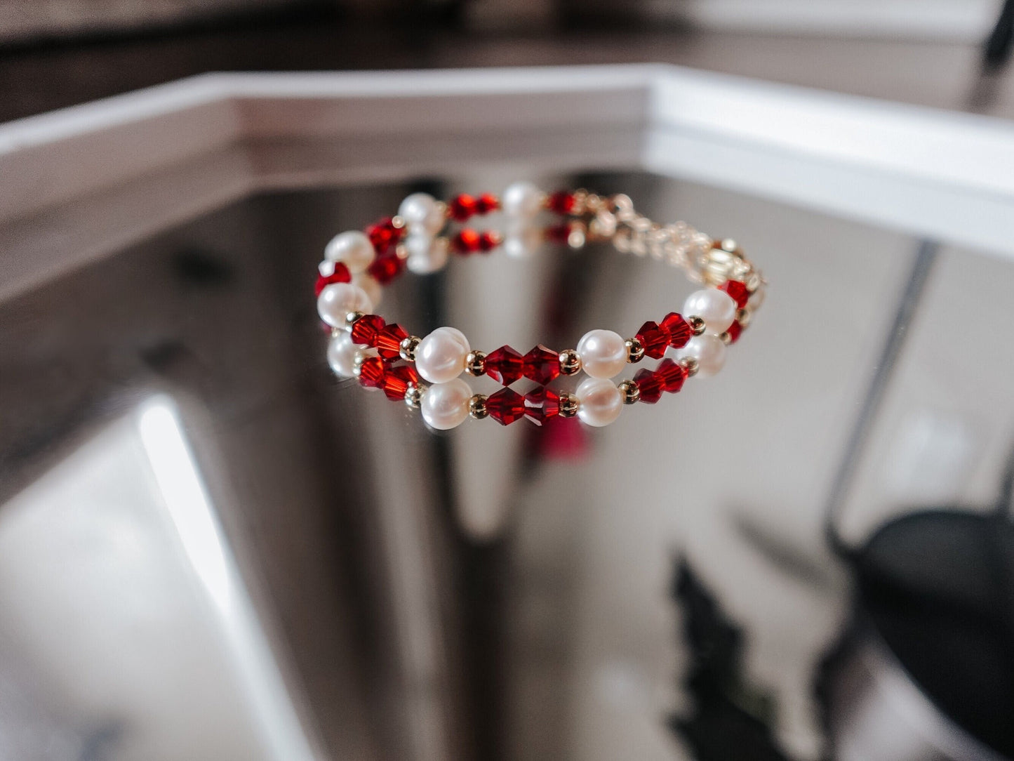 Freshwater Pearl and Red Beaded Bracelet